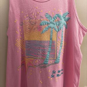 Vintage 90s St Martin Pink Sunset Palms Tank Top Fruit of the Loom Size Large